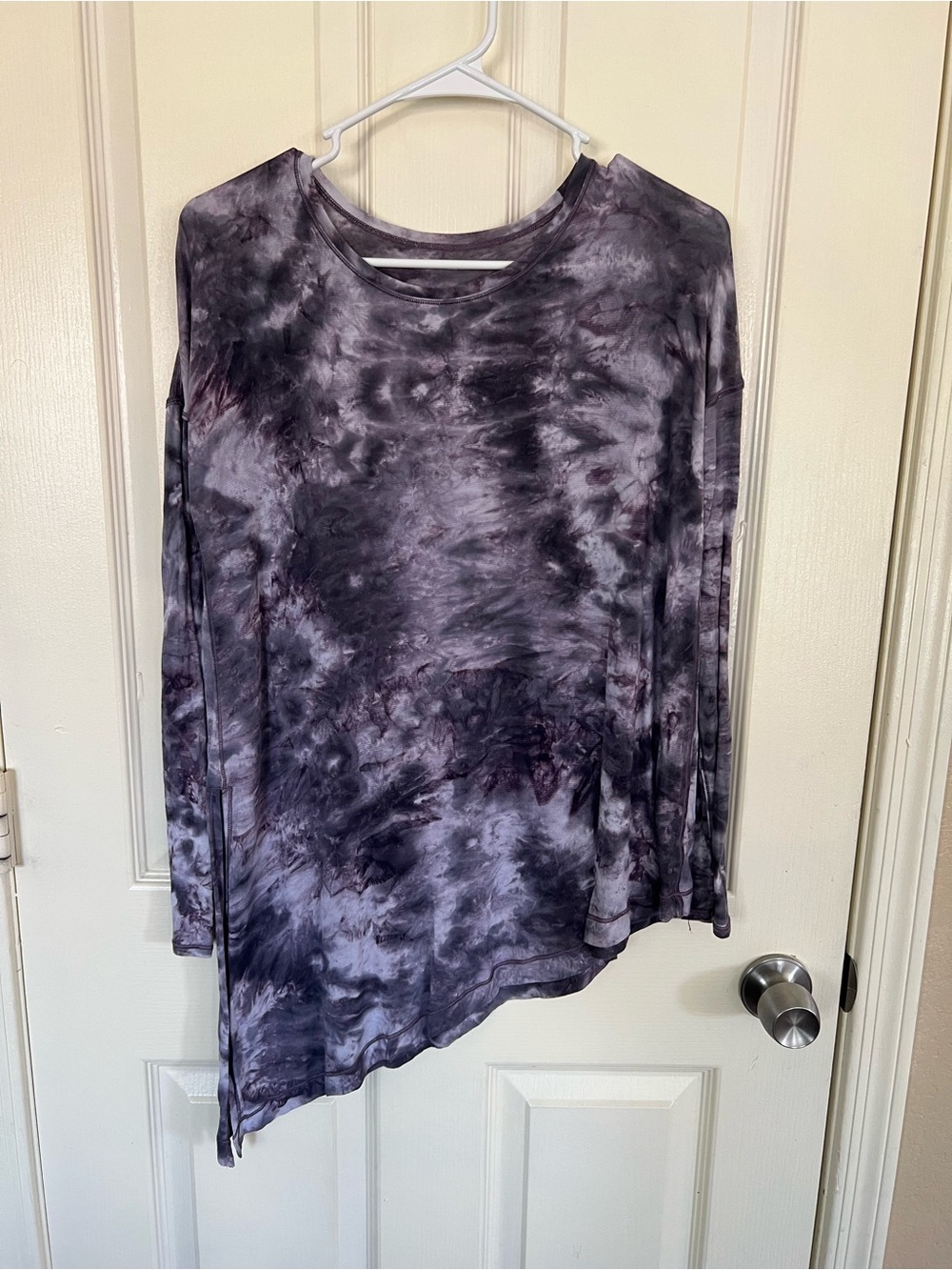 Lululemon To The Point long-sleeve top in a purple and grey tie-dye "mist" wash